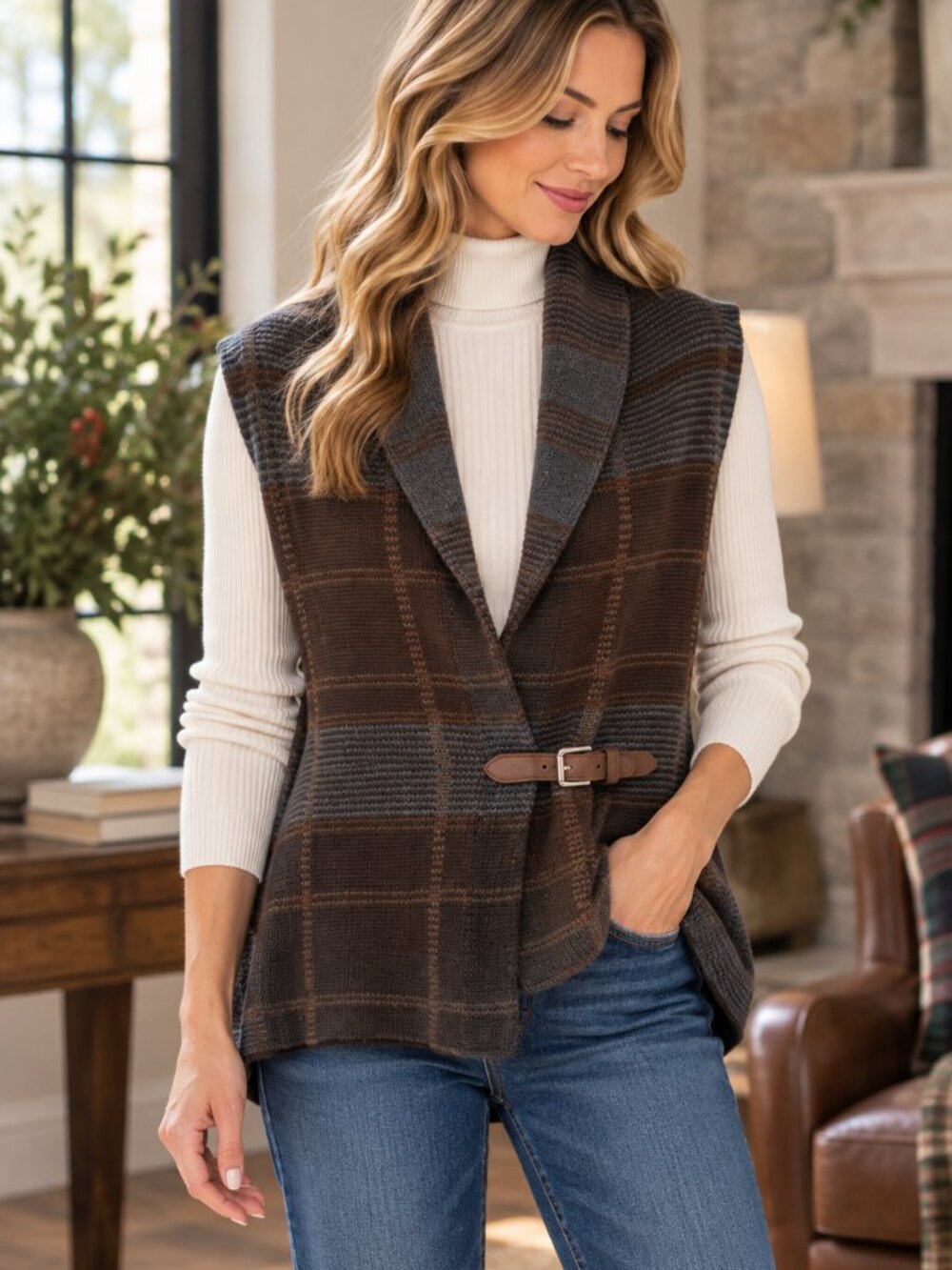 Lauren Ralph Lauren Womens PS Plaid Knit Sweater Vest Brown Equestrian 1532